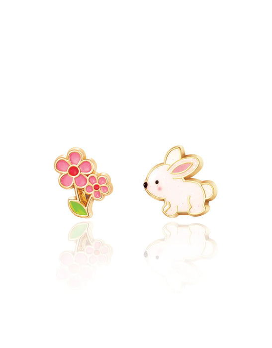 ENAMEL EARRINGS - PINK FLOWERS AND BUNNY