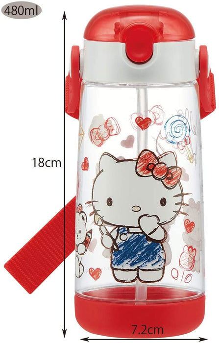 Children's Water Bottle Clear Bottle with Straw Hello Kitty Sketch Sanrio (480ml)