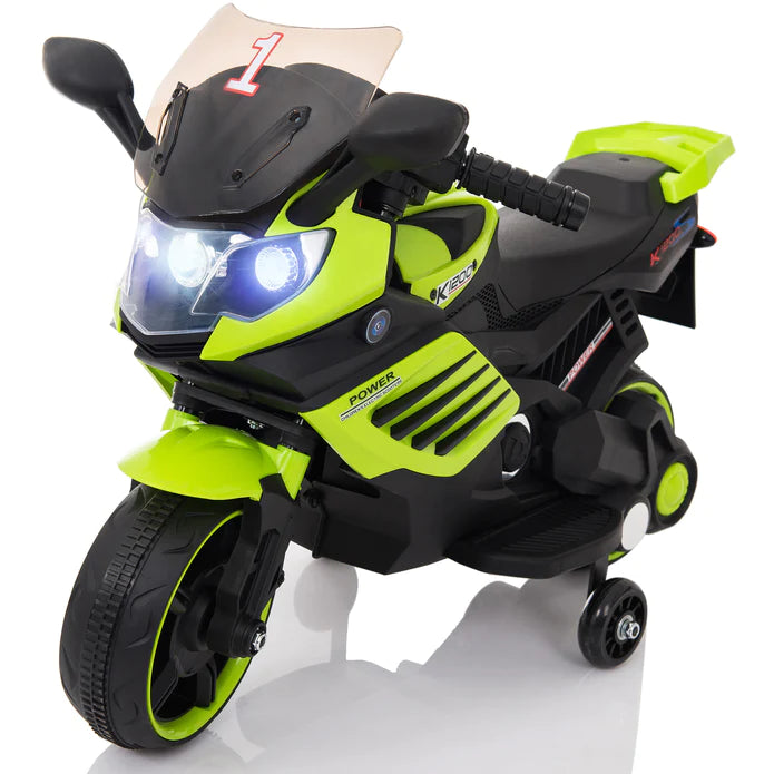 Kids Motorcycle with Training Wheels, Realistic Lights and Sound 6V (Green)