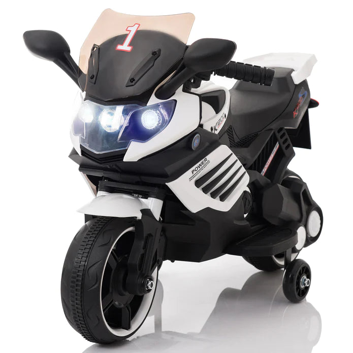 Kids Motorcycle with Training Wheels, Realistic Lights and Sound 6V (White)