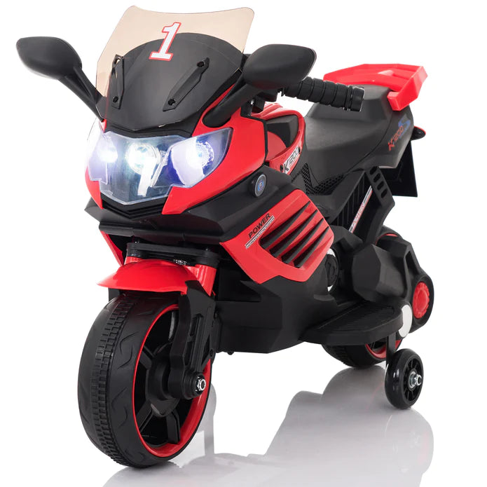 Kids Motorcycle with Training Wheels, Realistic Lights and Sound 6V (Red)