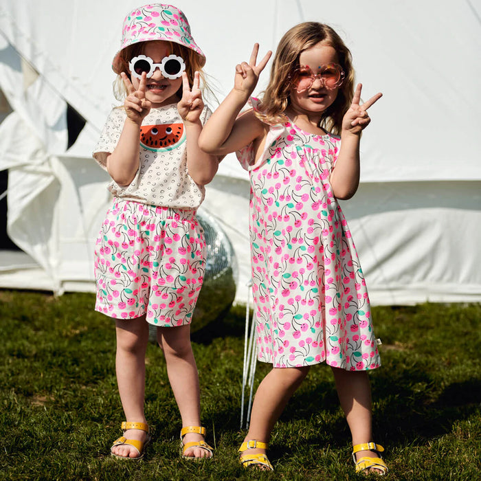 MAYA - Pink Cherries Frill Shoulder Dress