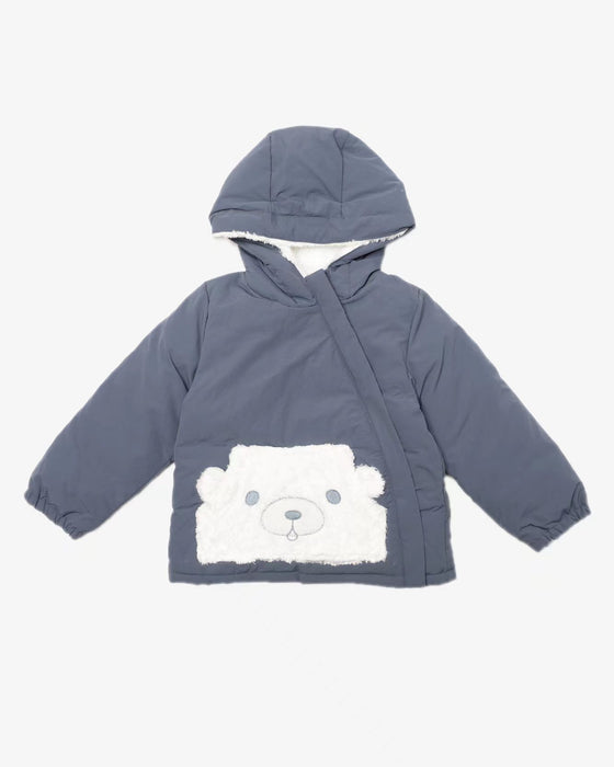 Fluffy Bear Pocket Puff Jacket-Navy Blue