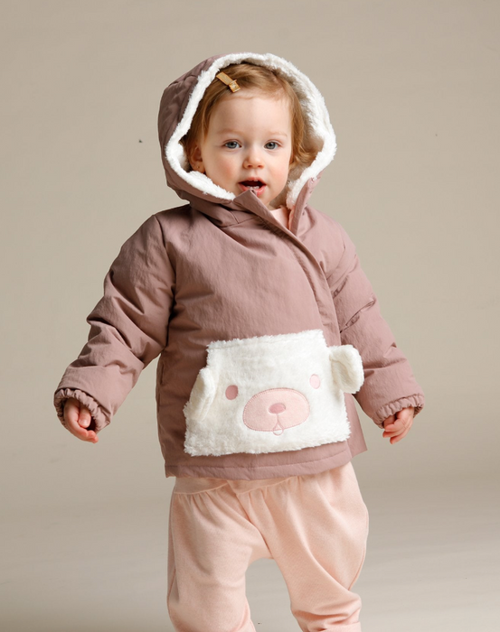 Fluffy Bear Pocket Puff Jacket-Rose Bean Pink