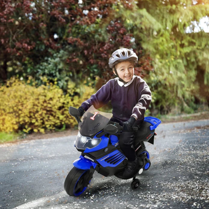 Kids Motorcycle with Training Wheels, Realistic Lights and Sound 6V (Blue)