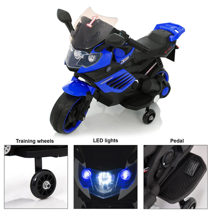 Kids Motorcycle with Training Wheels, Realistic Lights and Sound 6V (Blue)