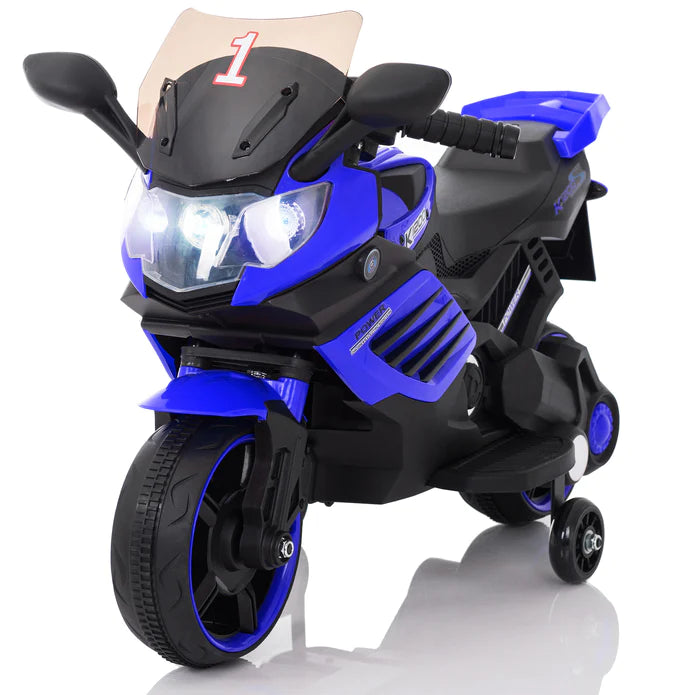 Kids Motorcycle with Training Wheels, Realistic Lights and Sound 6V (Blue)